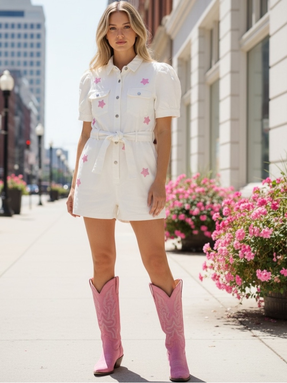 NEW Bluevelvet White Light Pink Sequin Star Metal Button Up Denim Jean Romper